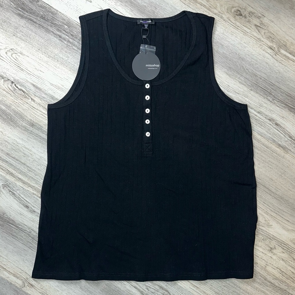 💝Mittoshop Henley Scoop Neck Front Button Black Tank Top Size 1X